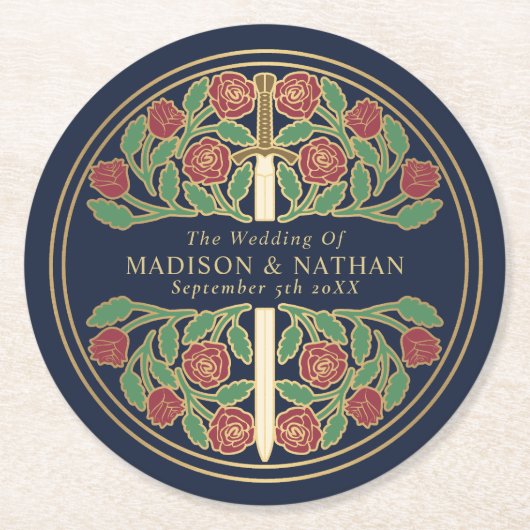 Blue Royal Medieval Gold Sword Wedding ラウンドペーパーコースター (正面)