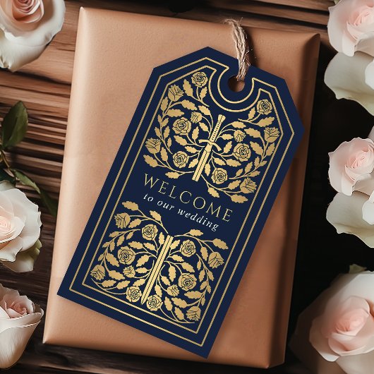 Blue Royal Medieval Gold Sword Wedding Welcome ギフトタグ
