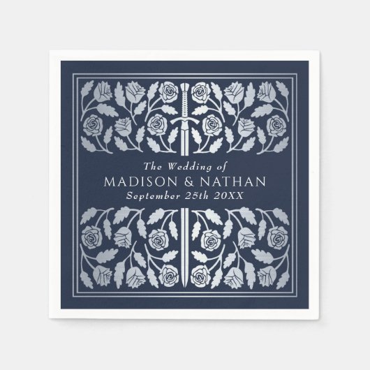 Blue Royal Medieval Silver Sword Wedding スタンダードカクテルナプキン (正面)