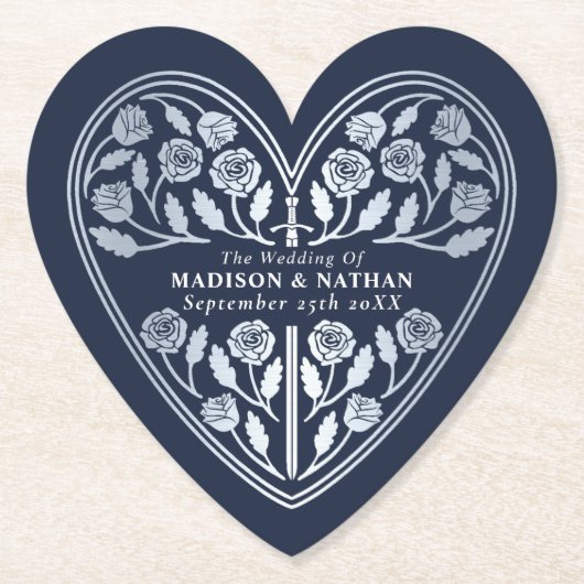 Blue Royal Medieval Silver Sword Wedding ペーパーコースター (正面)