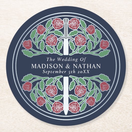 Blue Royal Medieval Silver Sword Wedding ラウンドペーパーコースター (正面)