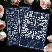 Blue Royal Medieval Silver Sword Wedding 箔招待状