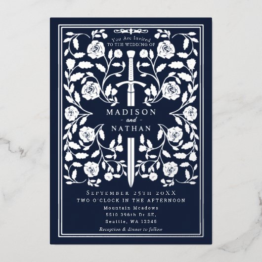 Blue Royal Medieval Silver Sword Wedding 箔招待状 (正面)