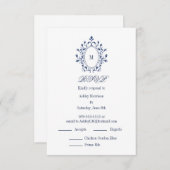 BLUE RSVP card Monogram With 2 Entree Choice エンクロージャーカード (正面/裏面)