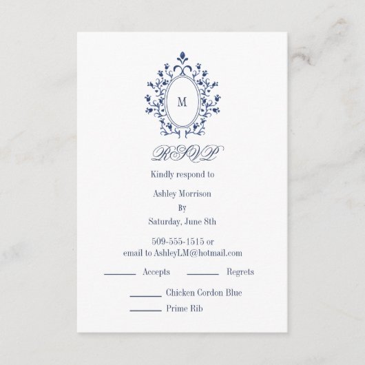 BLUE RSVP card Monogram With 2 Entree Choice エンクロージャーカード (正面)