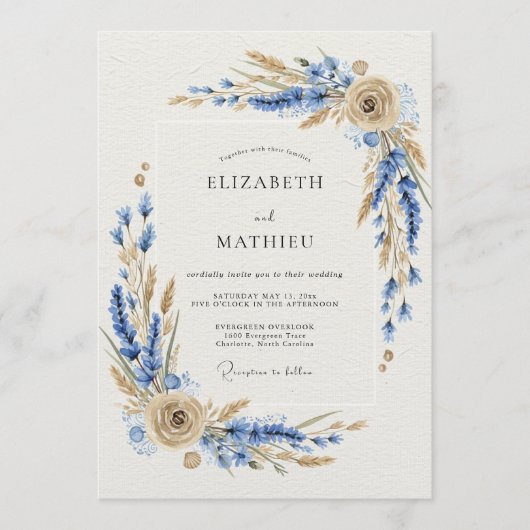 Blue Rustic Botanical Wedding 招待状 (正面)