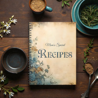 Blue Rustic Floral Victorian Family Recipe Book ノートブック