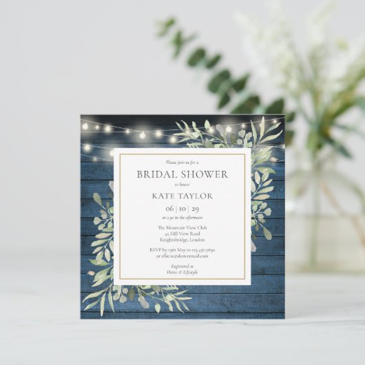 Blue Rustic Greenery Photo QR Code Bridal Shower 招待状 (スタンド正面)