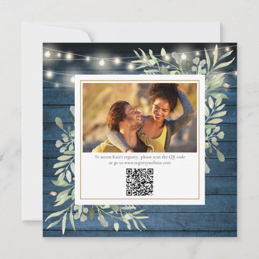 Blue Rustic Greenery Photo QR Code Bridal Shower 招待状 (裏面)