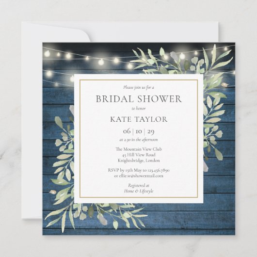 Blue Rustic Greenery Photo QR Code Bridal Shower 招待状 (正面)