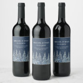Blue Rustic Snowy Night Forest Wedding Wine Label ワインラベル (ボトル)