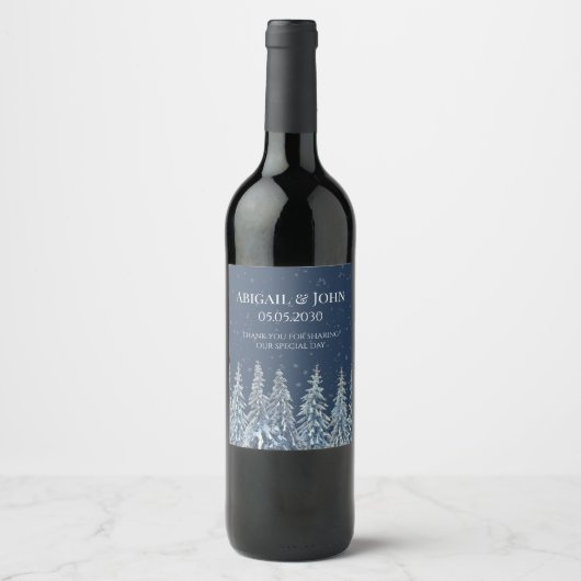 Blue Rustic Snowy Night Forest Wedding Wine Label ワインラベル (正面)