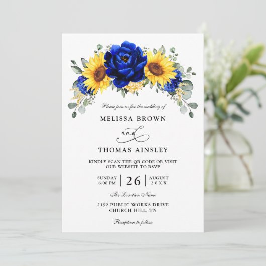 Blue Rustic Sunflower Budget QR Code Wedding 招待状 (スタンド正面)