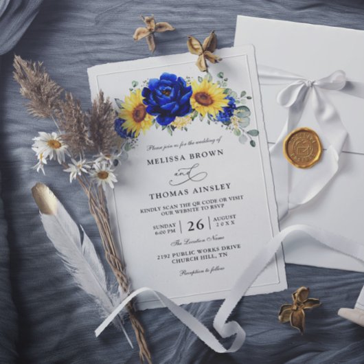 Blue Rustic Sunflower Budget QR Code Wedding 招待状