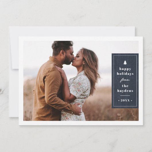 Blue Rustic Tree Woodgrain Christmas Photo Card 招待状 (正面)