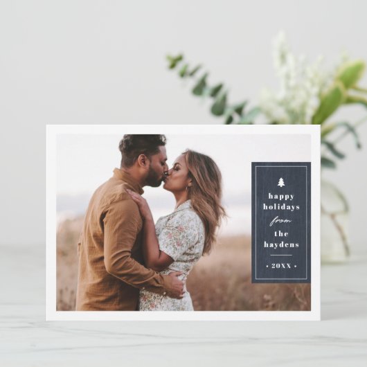 Blue Rustic Tree Woodgrain Christmas Photo Card 招待状 (スタンド正面)