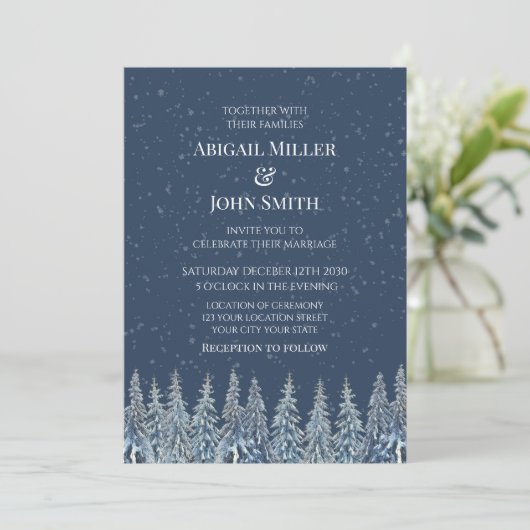Blue Rustic Winter Forest Wedding Invitations 招待状 (スタンド正面)