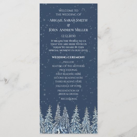 Blue Rustic Winter Forest Wedding Program プログラム (正面)