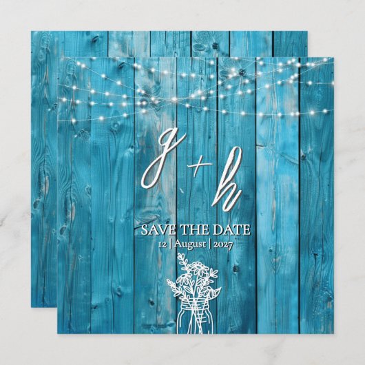 Blue Rustic Wood String Lights Chic Save the Dates (正面/裏面)