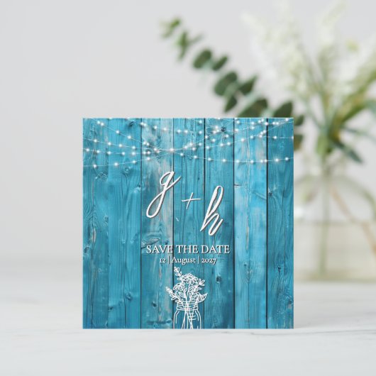 Blue Rustic Wood String Lights Chic Save the Dates (スタンド正面)