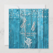 Blue Rustic Wood String Lights Chic Save the Dates (正面)
