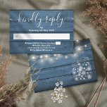 Blue Rustic Wood String Lights Mason Jars 出欠カード<br><div class="desc">A simple elegant signature script RSVP card with your details set in chic typography and blue rustic wood panels,  string lights and mason jars on the reverse. Designed by Thisisnotme©</div>