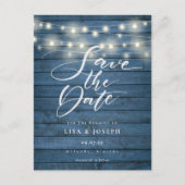 Blue Rustic Wood String Lights Save the Date ポストカード (正面)