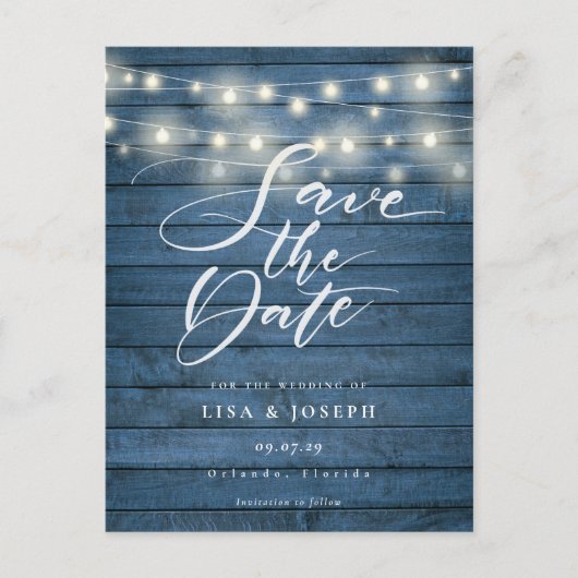 Blue Rustic Wood String Lights Save the Date ポストカード (正面)