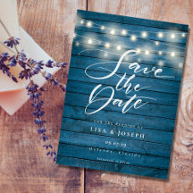 Blue Rustic Wood String Lights Save the Date