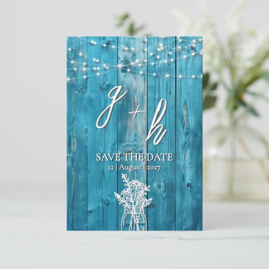 Blue Rustic Wood String Lights Save the Dates セーブザデート (スタンド正面)