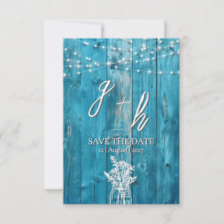 Blue Rustic Wood String Lights Save the Dates セーブザデート