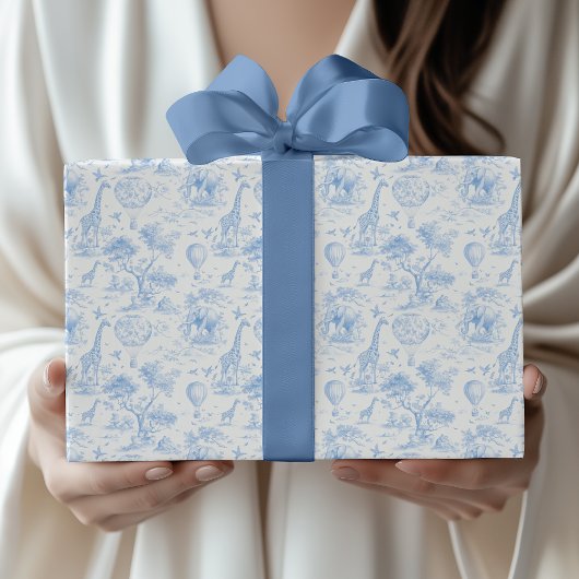 Blue Safari Toile de Jouy Baby Shower ラッピングペーパー