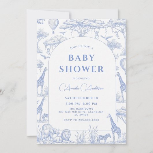 blue Safari Toile De Jouy Boy Baby Shower  招待状 (正面)