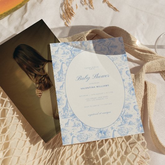 Blue Safari Toile De Jouy Boy Baby Shower  招待状