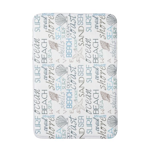 Blue Sand Beach Theme Shells Words バスマット (正面縦)