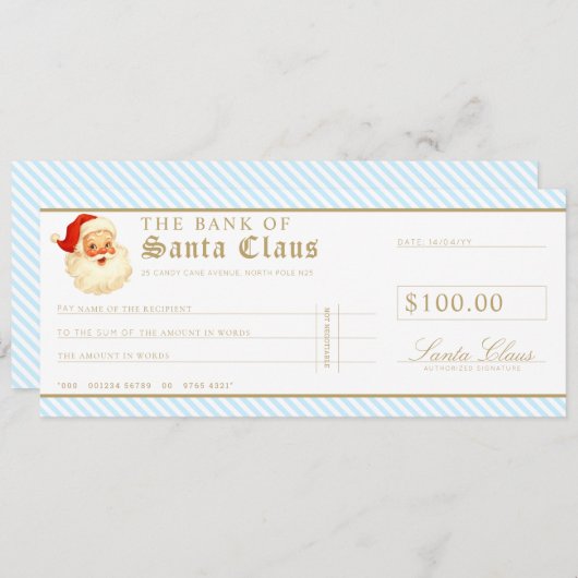 Blue Santa Cheque Gift Voucher Card 招待状 (正面/裏面)