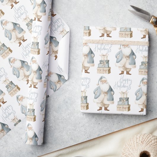 Blue Santa Happy Holidays Christmas  ラッピングペーパー