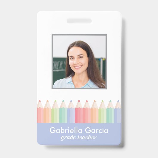 Blue School Teacher Barcode Photo ID badge バッジ (正面)