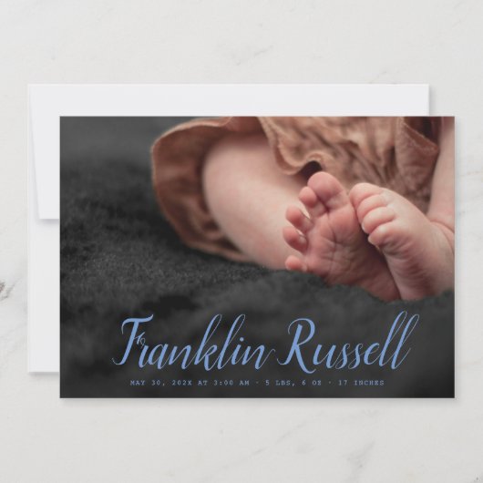 blue SCRIPT名boyベビー誕生発表 招待状 (正面)