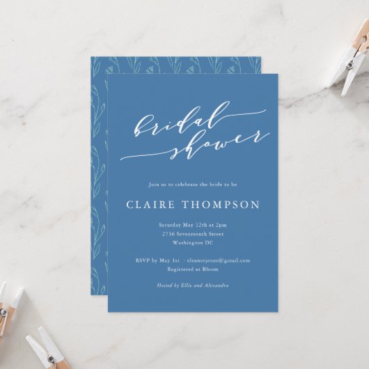 Blue Script Floral Bold Romantic Bridal Shower 招待状 (正面/裏面インサイチュ)
