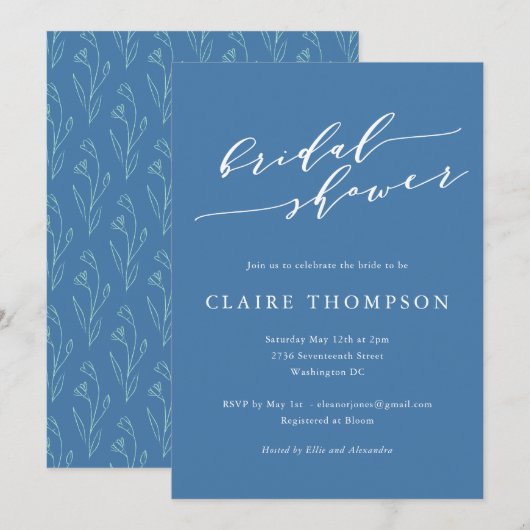 Blue Script Floral Bold Romantic Bridal Shower 招待状 (正面/裏面)