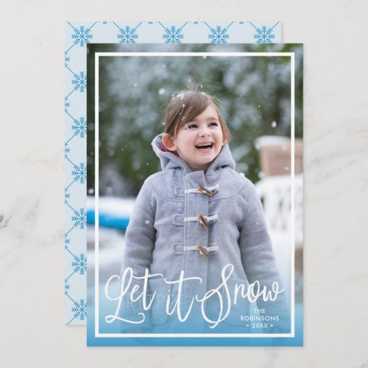 Blue Script Let it Snow Holiday Photo シーズンカード (正面/裏面)