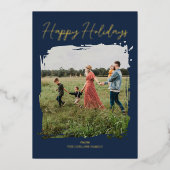 Blue Script Modern Minimal Photo Happy Holidays 箔シーズンカード (正面)