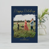 Blue Script Modern Minimal Photo Happy Holidays 箔シーズンカード (立ち正面)