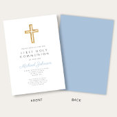 Blue Script Religious Cross Boy First Communion 招待状