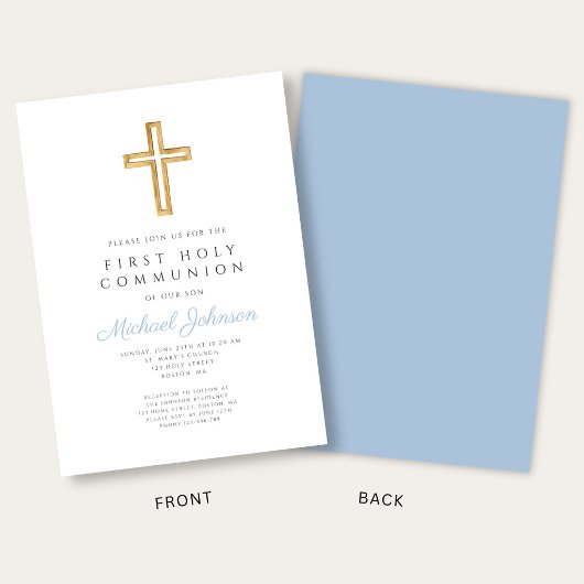 Blue Script Religious Cross Boy First Communion 招待状