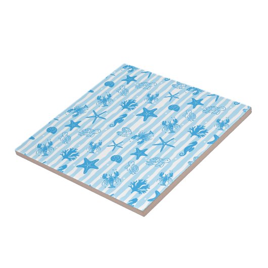 Blue Sea Creatures Nautical Doodle Pattern タイル (側面)