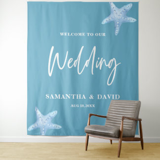 Blue Sea Wedding Welcome Sign Backdrop タペストリー