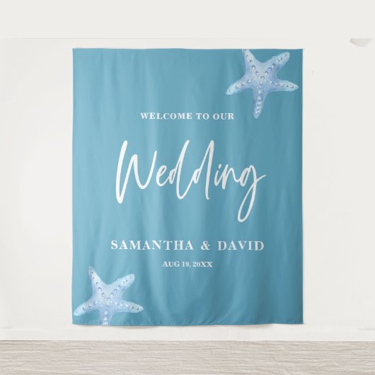 Blue Sea Wedding Welcome Sign Backdrop タペストリー (正面)
