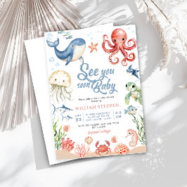 Blue Sea you Soon Ocean Animal Baby Shower 招待状